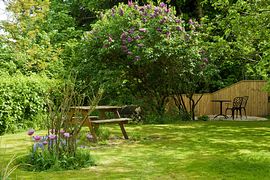 One of the seating areas in the garden