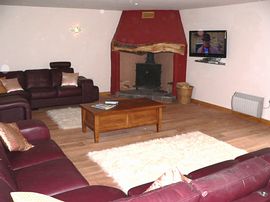 Lounge area, showing leather couches and fire